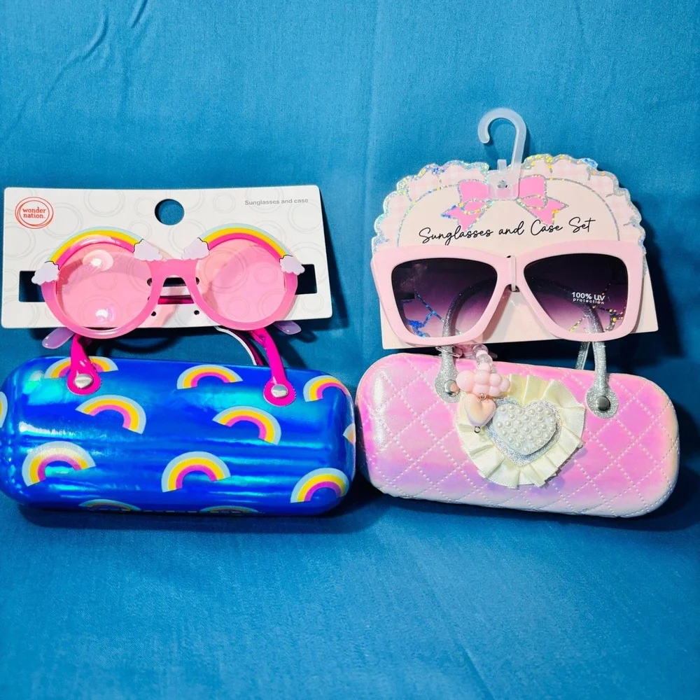 Kids Sunglasses Lot 2 Pack Rainbow Pink Heart Quilted Cases UV Protection NWT
